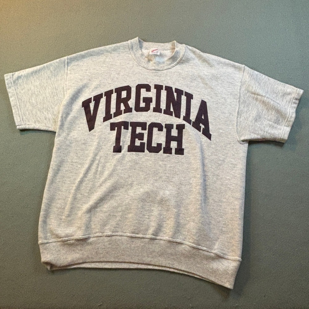 VTG Jerzees Virginia Tech Short Sleeve Sweatshirt Mens L Grey Heathered 90s USA